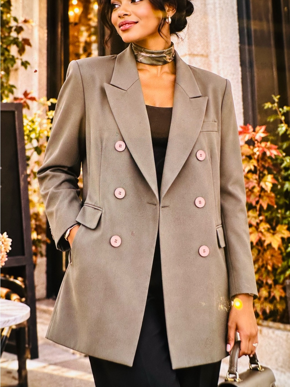 100% silk Jones New York Olive Green Double-Breasted Blazer with Pink Buttons